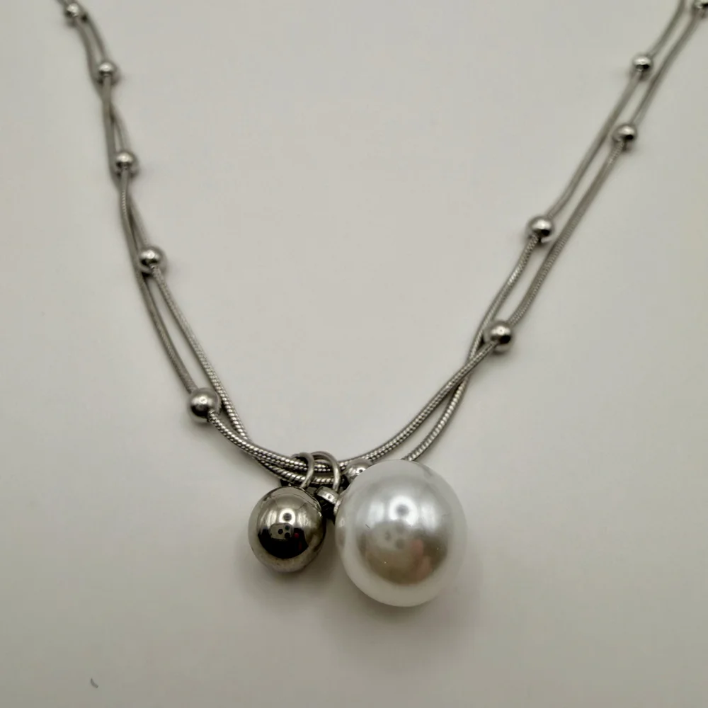 Silver Stainless Steel Layered Pearl Pendant Necklace Dainty Jewelry